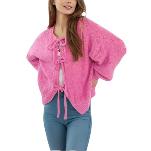 Agiyenna Damen Cardigan zum Schnürung Vorne Lockerer Winter Rundhalsjacke Einfarbige Freizeitjacke Stylische Leichte Warme Jacke Langarm Strickmantel Elegante Y2K Strickjacke mit Schleife von Agiyenna