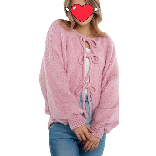 Agiyenna Damen Cardigan zum Schnürung Vorne Lockerer Winter Rundhalsjacke Einfarbige Freizeitjacke Stylische Leichte Warme Jacke Langarm Strickmantel Elegante Y2K Strickjacke mit Schleife von Agiyenna