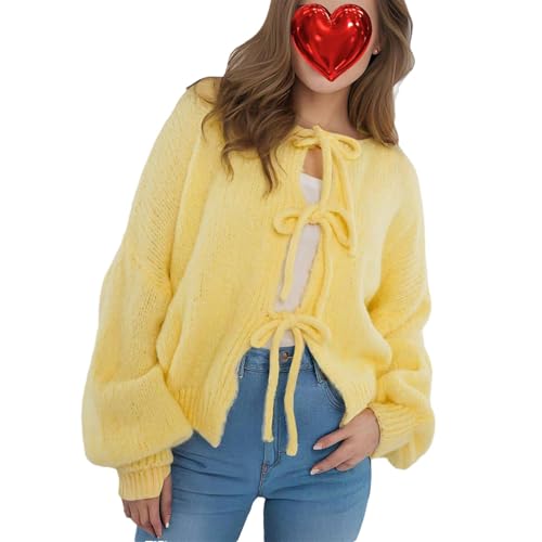 Agiyenna Damen Cardigan zum Schnürung Vorne Lockerer Winter Rundhalsjacke Einfarbige Freizeitjacke Stylische Leichte Warme Jacke Langarm Strickmantel Elegante Y2K Strickjacke mit Schleife von Agiyenna