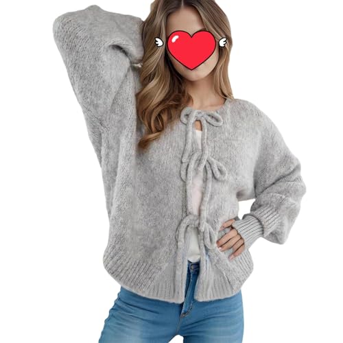 Agiyenna Damen Cardigan zum Schnürung Vorne Lockerer Winter Rundhalsjacke Einfarbige Freizeitjacke Stylische Leichte Warme Jacke Langarm Strickmantel Elegante Y2K Strickjacke mit Schleife von Agiyenna