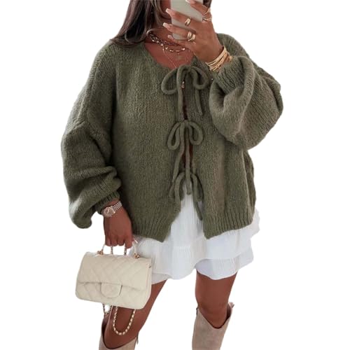 Agiyenna Damen Cardigan zum Schnürung Vorne Lockerer Winter Rundhalsjacke Einfarbige Freizeitjacke Stylische Leichte Warme Jacke Langarm Strickmantel Elegante Y2K Strickjacke mit Schleife von Agiyenna