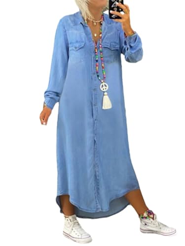 Agiyenna Damen Casual Loose Jeanskleid Einfarbig Langarm Maxikleid Leicht Elegant V-Ausschnitt Blusenkleider Tunika A-Linie Freizeitkleid mit Taschen Mode Streetwear von Agiyenna
