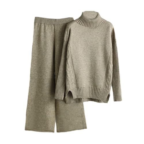 Agiyenna Damen Casual Strickanzug Stricked Pullover Oberteil Hose Trendiges Warm Halten Zweiteilige Einfarbig Loungewear Eleganter Sportanzug Winter Freizeitanzug Langarm Oberteil Lockere Hose von Agiyenna