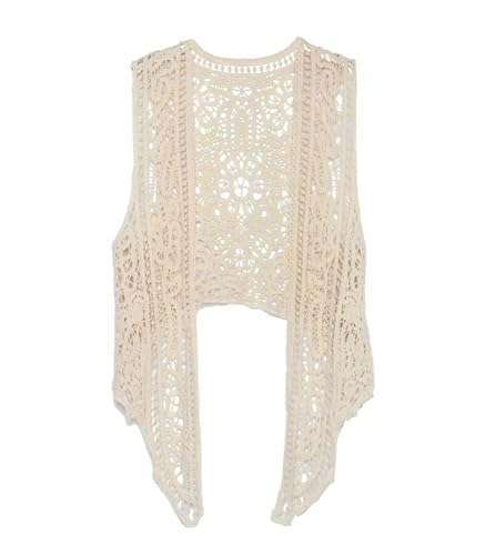 Agiyenna Damen Chic Elegant Strickjacke Sommer Hippie Weste Häkeln Hohle Blumenspitze Unregelmäßige Gilet Boho Ärmellose Strickjacke Beachwear von Agiyenna