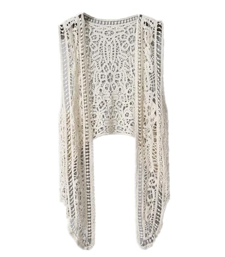 Agiyenna Damen Chic Elegant Strickjacke Sommer Hippie Weste Häkeln Hohle Blumenspitze Unregelmäßige Gilet Boho Ärmellose Strickjacke Beachwear von Agiyenna