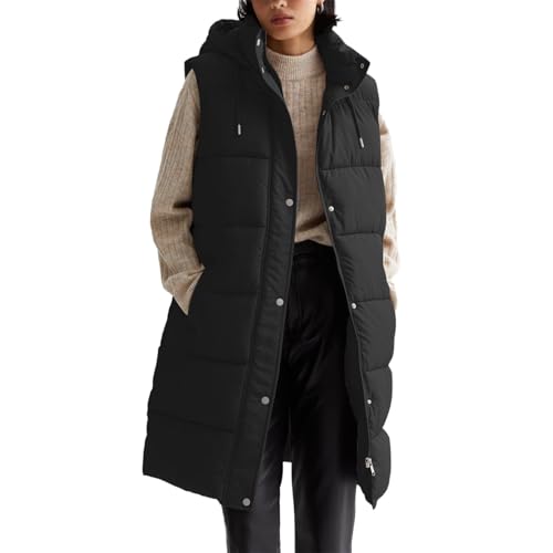 Agiyenna Damen Daunenweste mit Kapuze Ärmellose Lange Steppweste Fleecejacke Leichte Winter Waistcoat miit Reißverschluss Übergangsweste mit Kordelzug und Knöpfen Einfarbige Freizeitweste mit Taschen von Agiyenna