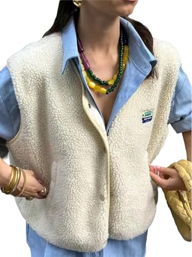 Agiyenna Damen Elegante Ärmellose Plüschweste Winter Warme Fleeceweste mit Knöpfen Einfarbige oder Colorblock Fleeceweste Lockere Reversweste Leicht Casual Plüschweste mit Taschen Mode Streetwear von Agiyenna