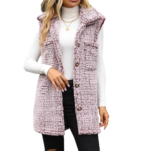 Agiyenna Damen Elegante Ärmellose Plüschweste Winter Warme Fleeceweste mit Knöpfen Einfarbige oder Colorblock Fleeceweste Lockere Reversweste Leicht Casual Plüschweste mit Taschen Mode Streetwear von Agiyenna