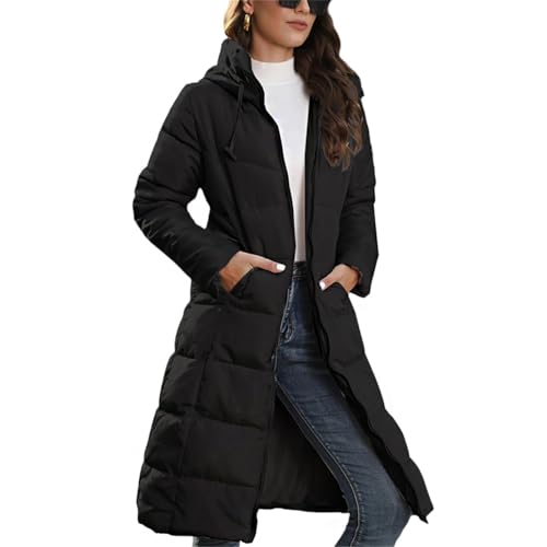 Agiyenna Damen Elegante Warme Langarm Steppmantel Lang Outdoor Winterjacke mit Kapuze oder Daunenjacke mit Kordelzug Winddicht Jacke mit Reißverschluss und Taschen Einfarbige Daunenjacke Freizeitjacke von Agiyenna