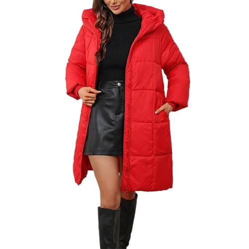 Agiyenna Damen Elegante Warme Langarm Steppmantel Lang Outdoor Winterjacke mit Kapuze oder Daunenjacke mit Kordelzug Winddicht Jacke mit Reißverschluss und Taschen Einfarbige Daunenjacke Freizeitjacke von Agiyenna