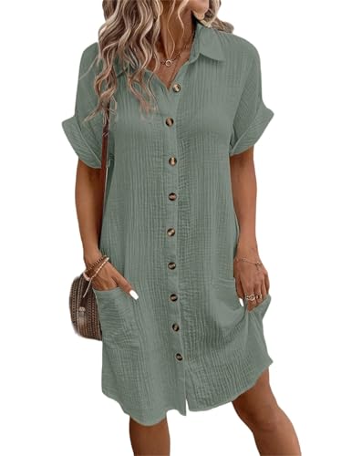 Agiyenna Damen Elegantes Hemdkleid V-Ausschnitt Kurzärmeliges Lockeres Kleid mit Knöpfen Einfarbiges Kurzes Freizeitkleid mit Taschen Leichtes und Bequemes Sommerkleid von Agiyenna