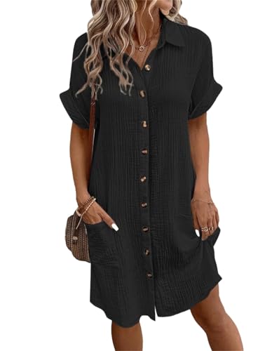Agiyenna Damen Elegantes Hemdkleid V-Ausschnitt Kurzärmeliges Lockeres Kleid mit Knöpfen Einfarbiges Kurzes Freizeitkleid mit Taschen Leichtes und Bequemes Sommerkleid von Agiyenna