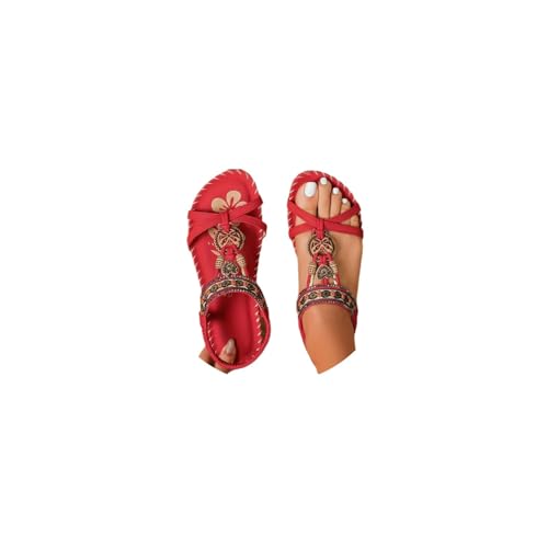 Agiyenna Damen Flache Boho Sandalen Sommer Freizeit Sandals mit Strass Mode Elegant Slip-on Strandschuhe mit T-Riemen Open Toe Bequem Leicht Einfarbig Strandschuhe von Agiyenna