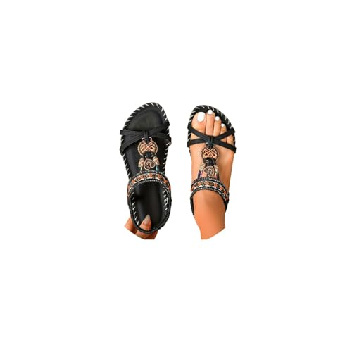 Agiyenna Damen Flache Boho Sandalen Sommer Freizeit Sandals mit Strass Mode Elegant Slip-on Strandschuhe mit T-Riemen Open Toe Bequem Leicht Einfarbig Strandschuhe von Agiyenna