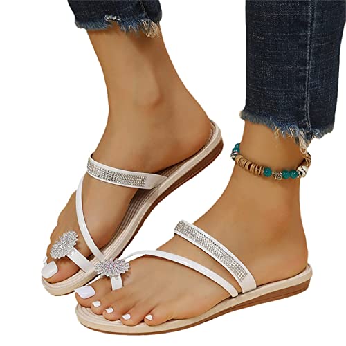 Agiyenna Damen Flache Sandalen Strass Boho Sommerschuhe Zehentrenner Sandalen Blumen Strandschuhe Slipper Flip Flops von Agiyenna