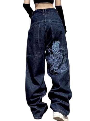 Agiyenna Damen Gerade Cargohose Baggy Jeans Hosen mit Taschen Y2K High Waist Freizeithose Streetwear Vintage Bedruckte Pants Hip Hop Teenager Mädchen Hosen mit Hoher Taille Stretch Wanderhose von Agiyenna