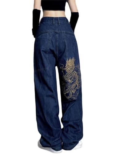 Agiyenna Damen Gerade Cargohose Baggy Jeans Hosen mit Taschen Y2K High Waist Freizeithose Streetwear Vintage Bedruckte Pants Hip Hop Teenager Mädchen Hosen mit Hoher Taille Stretch Wanderhose von Agiyenna