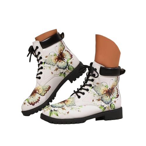 Agiyenna Damen Gothic Farbblock Stiefel Retro Drucken Stiefeletten Chelsea Boots Knöchellang Blockabsatz Plateau Reißverschluss Boots Freizeit Westernstiefel Biker Mode Boots Elegant Schnürstiefel von Agiyenna