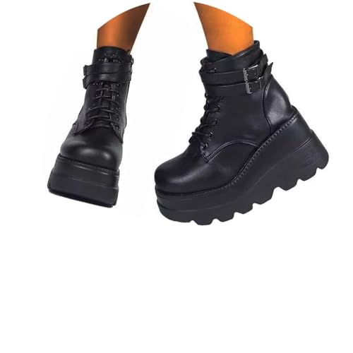 Agiyenna Damen Gothic Punk Plateau Stiefeletten Biker Boots Kurzschaft Schnürstiefel PU Lederstiefel mit Schnalle Einfarbige oder Colorblock Winterstiefel Lässige Keilstiefel mit Reißverschluss von Agiyenna