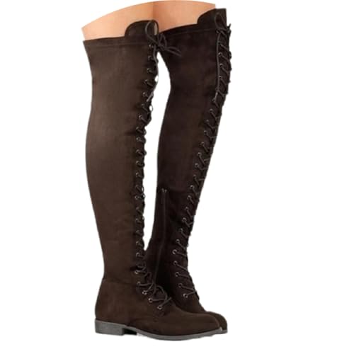 Agiyenna Damen Gothic Punk Stiefel Overknees Stiefel Schnüren Vintage Flache Niedrigem Absatz Lange Stiefel Hohe Stiefel Kniehohe Stretch Stiefel Outdoor Freizeitstiefel Einfarbige Warm Winterstiefel von Agiyenna
