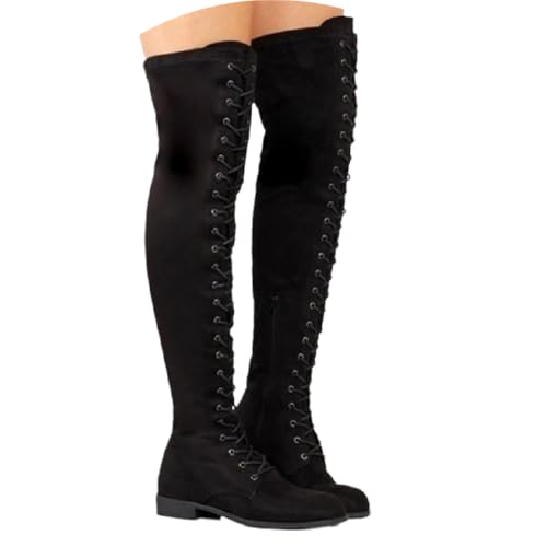 Agiyenna Damen Gothic Punk Stiefel Overknees Stiefel Schnüren Vintage Flache Niedrigem Absatz Lange Stiefel Hohe Stiefel Kniehohe Stretch Stiefel Outdoor Freizeitstiefel Einfarbige Warm Winterstiefel von Agiyenna