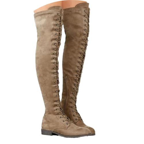 Agiyenna Damen Gothic Punk Stiefel Overknees Stiefel Schnüren Vintage Flache Niedrigem Absatz Lange Stiefel Hohe Stiefel Kniehohe Stretch Stiefel Outdoor Freizeitstiefel Einfarbige Warm Winterstiefel von Agiyenna