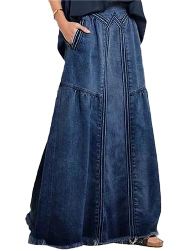 Agiyenna Damen High Waist Wadenlanger Jeansrock Elegante A-Linie Maxirock Damen Vintage Jeansrock Damen Freizeit Rock mit Taschen Lockerer Ausgestellter Denim Rock mit Hoher Taille von Agiyenna