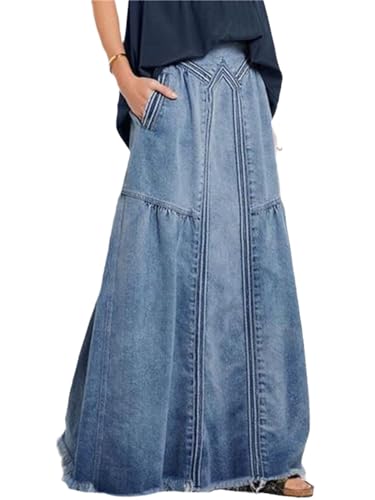 Agiyenna Damen High Waist Wadenlanger Jeansrock Elegante A-Linie Maxirock Damen Vintage Jeansrock Damen Freizeit Rock mit Taschen Lockerer Ausgestellter Denim Rock mit Hoher Taille von Agiyenna
