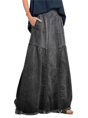 Agiyenna Damen High Waist Wadenlanger Jeansrock Elegante A-Linie Maxirock Damen Vintage Jeansrock Damen Freizeit Rock mit Taschen Lockerer Ausgestellter Denim Rock mit Hoher Taille von Agiyenna