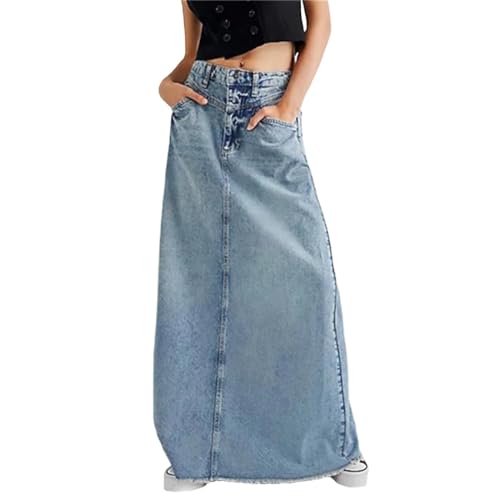 Agiyenna Damen High Waist Wadenlanger Jeansrock Elegante A-Linie Maxirock Damen Vintage Jeansrock Damen Freizeit Rock mit Taschen Lockerer Ausgestellter Denim Rock mit Hoher Taille von Agiyenna