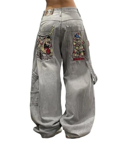 Agiyenna Damen Hip Hop Jeanshose Elegante Lose Weite Bein Jeanshose mit Taschen Bedruckte Jeanshose Lässige Farbblock Jeanshose mit Hoher Taille Mode Freizeit Streetwear von Agiyenna
