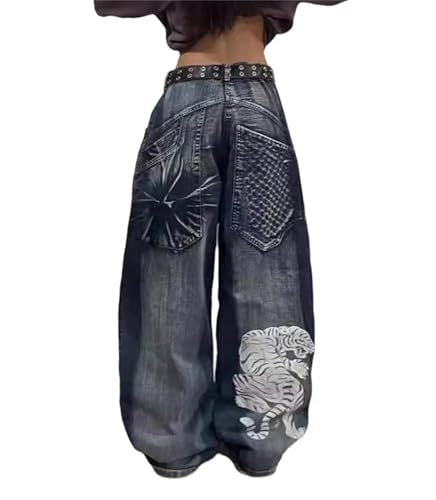 Agiyenna Damen Hip Hop Jeanshose Elegante Lose Weite Bein Jeanshose mit Taschen Bedruckte Jeanshose Lässige Farbblock Jeanshose mit Hoher Taille Mode Freizeit Streetwear von Agiyenna