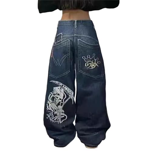 Agiyenna Damen Hip Hop Jeanshose Elegante Lose Weite Bein Jeanshose mit Taschen Bedruckte Jeanshose Lässige Farbblock Jeanshose mit Hoher Taille Mode Freizeit Streetwear von Agiyenna