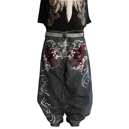 Agiyenna Damen Hip Hop Jeanshose Elegante Lose Weite Bein Jeanshose mit Taschen Bedruckte Jeanshose Lässige Farbblock Jeanshose mit Hoher Taille Mode Freizeit Streetwear von Agiyenna