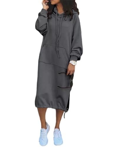 Agiyenna Damen Hoodie Kleid Lang Oversize Sweatshirt Einfarbige Hoodies mit Kapuze Freizeitkleider Sweatshirt Kleid mit Taschen Hoodie MaxiKleid von Agiyenna