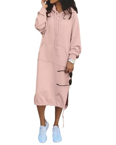 Agiyenna Damen Hoodie Kleid Lang Oversize Sweatshirt Einfarbige Hoodies mit Kapuze Freizeitkleider Sweatshirt Kleid mit Taschen Hoodie MaxiKleid von Agiyenna