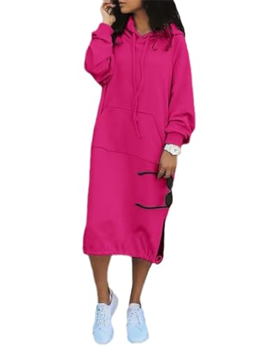 Agiyenna Damen Oversize Hoodie Kleid Lang Rose Rot Einfarbig mit Kapuze Freizeitkleider Sweatshirt MaxiKleid 3XL von Agiyenna