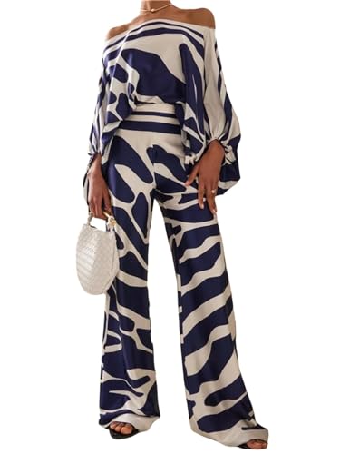 Agiyenna Damen Hosenanzug Elegantes und Modisches 2 Teiliges Set Schulterfreies Oberteil + Hoch Taillierte Freizeithose Zweiteiliges Set Sommer Casual Mode Grafikdruck Streetwear von Agiyenna