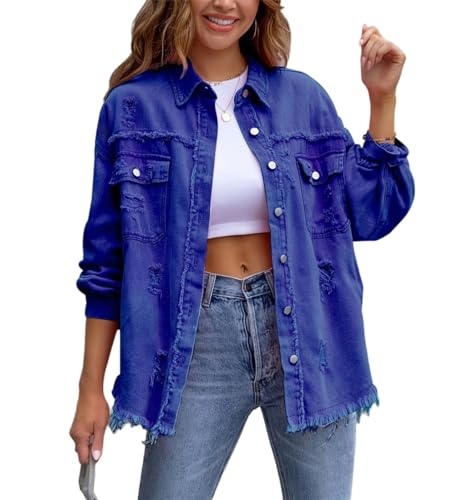 Agiyenna Damen Jeansjacke Vintage Langarm Zerrissene Übergangsjacke Button Down Jean Mantel Knopf Outwear Ripped Denim Jacken von Agiyenna