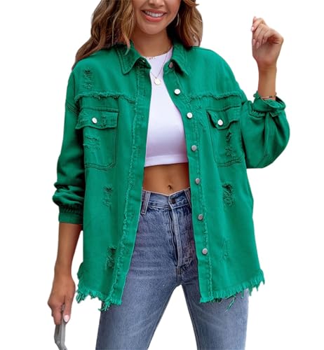 Agiyenna Damen Jeansjacke Vintage Langarm Zerrissene Übergangsjacke Button Down Jean Mantel Knopf Outwear Ripped Denim Jacken von Agiyenna