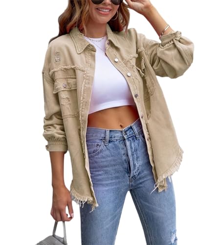 Agiyenna Damen Jeansjacke Vintage Langarm Zerrissene Übergangsjacke Button Down Jean Mantel Knopf Outwear Ripped Denim Jacken von Agiyenna
