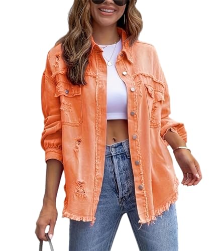 Agiyenna Damen Jeansjacke Vintage Langarm Zerrissene Übergangsjacke Button Down Jean Mantel Knopf Outwear Ripped Denim Jacken von Agiyenna