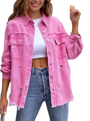 Agiyenna Damen Jeansjacke Vintage Langarm Zerrissene Übergangsjacke Button Down Jean Mantel Knopf Outwear Ripped Denim Jacken von Agiyenna