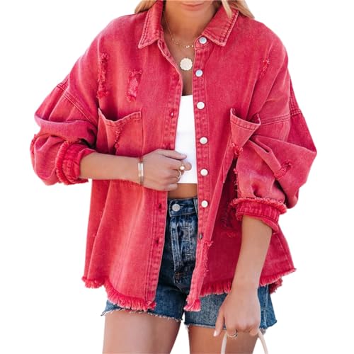 Agiyenna Damen Jeansjacke Vintage Langarm Zerrissene Übergangsjacke Button Down Jean Mantel Knopf Outwear Ripped Denim Jacken von Agiyenna