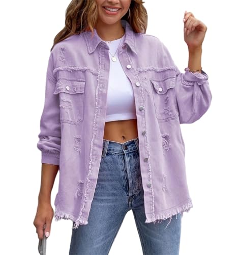 Agiyenna Damen Jeansjacke Vintage Langarm Zerrissene Übergangsjacke Button Down Jean Mantel Knopf Outwear Ripped Denim Jacken von Agiyenna
