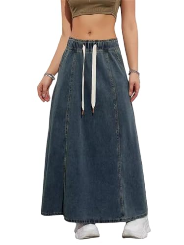 Agiyenna Damen Jeansrock Einfarbiger Rock mit Kordelzug und Taschen Hohe Taille Vintage A Linie Denim Rock Elegante Maxirock Elastischer Freizeitrock Modischer Streetwear von Agiyenna