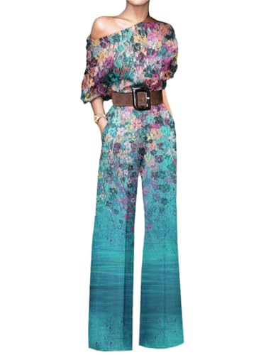 Agiyenna Damen Jumpsuit Elegant Overall mit Gürtel Sexy One-Shoulder Overalls Bequeme Bedruckter Freizeitoverall Modischer Hohe Taille Playsuit Halbarm Sommeroverall Weitbeiniger Overall mit Taschen von Agiyenna