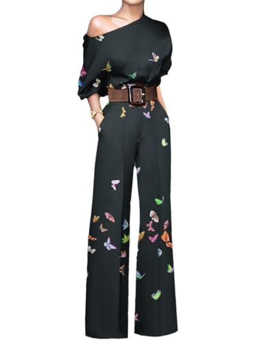Agiyenna Damen Jumpsuit Elegant Overall mit Gürtel Sexy One-Shoulder Overalls Bequeme Bedruckter Freizeitoverall Modischer Hohe Taille Playsuit Halbarm Sommeroverall Weitbeiniger Overall mit Taschen von Agiyenna