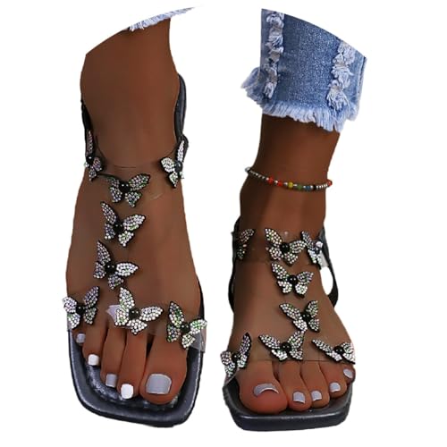 Agiyenna Damen Klassische Sandalen Boho Flache Strandschuhe Elegante Damen Sandalen Strass Schmetterling Elastische Sandaletten mit Blockabsatz Sommer Offene Zehen Lässig Freizeitschuhe von Agiyenna