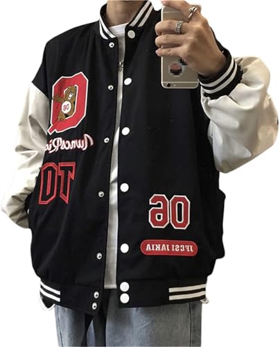Agiyenna Damen Langarm Baseball Jacke Y2k Vintage Winterparka mit Taschen und Knöpfe Japanese Harajuku Hip Hop Streetwear Farbblock Freizeitjacke mit Reißverschluss Print Jacke Unisex von Agiyenna